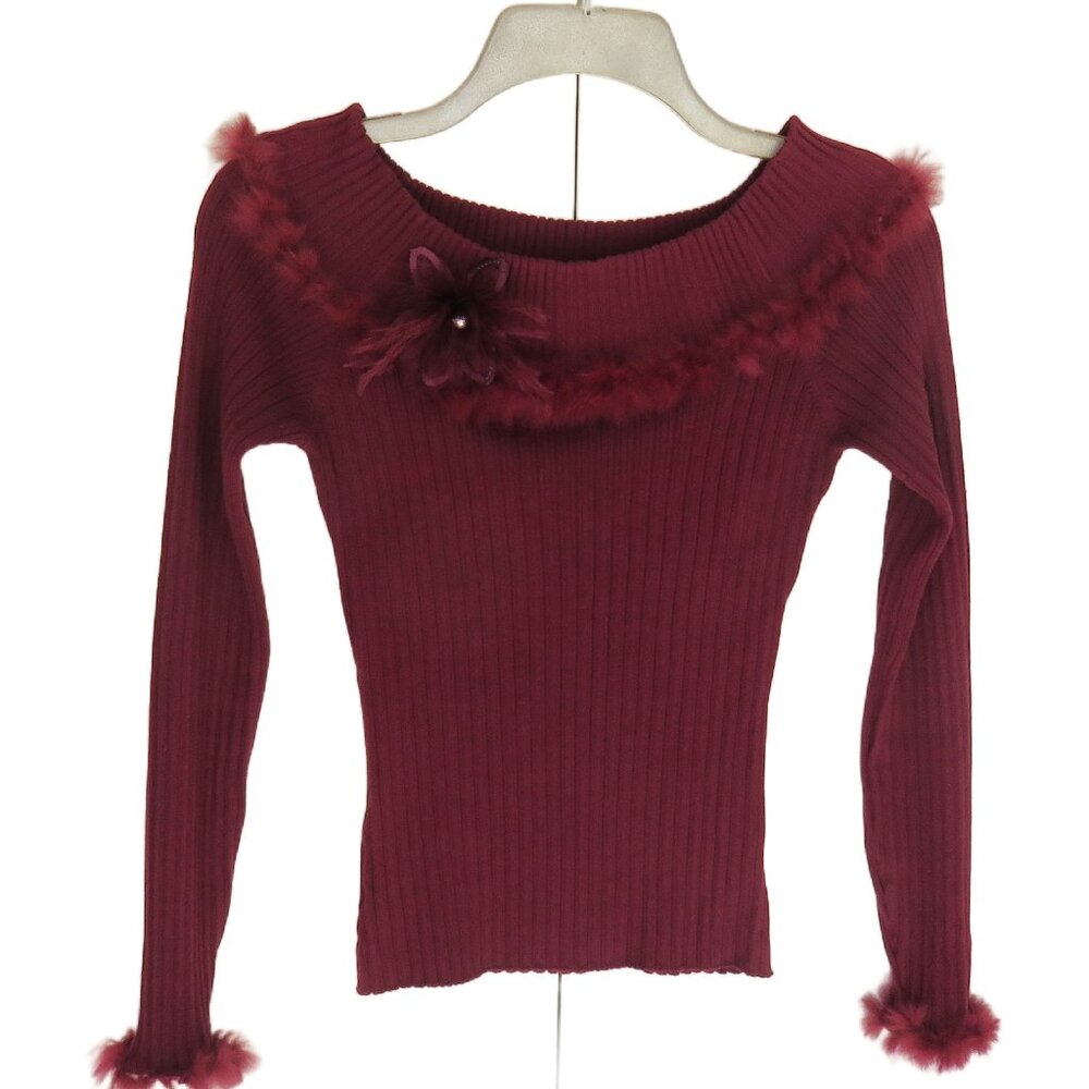 Burgundy Rib Knit Silk Blend Sweater with Feathers and Flower...726